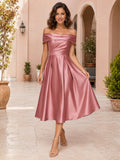 Dusty Rose Off-the-shoulder Satin A-Line Midi Dress front view