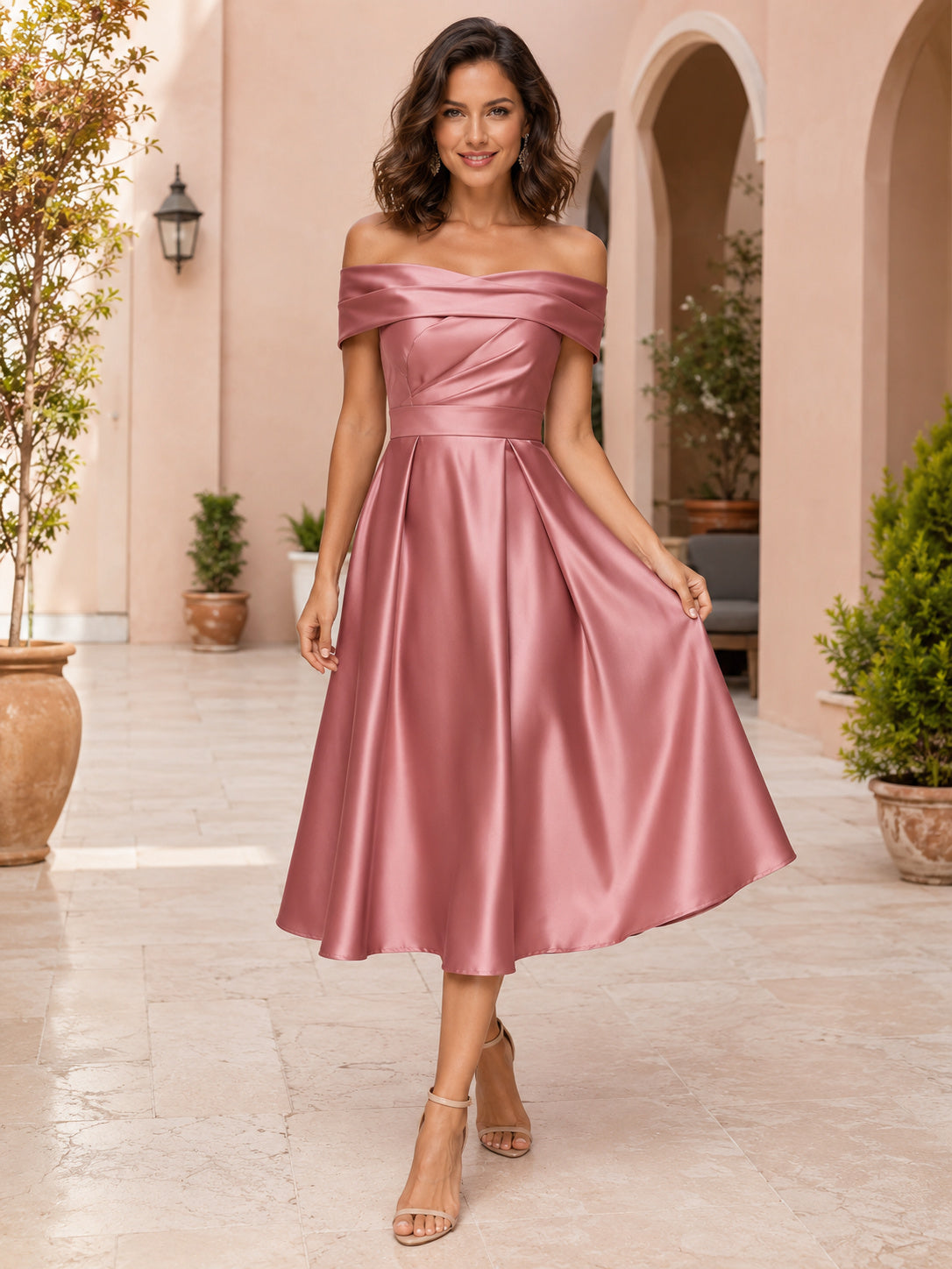 Dusty Rose Off-the-shoulder Satin A-Line Midi Dress front view