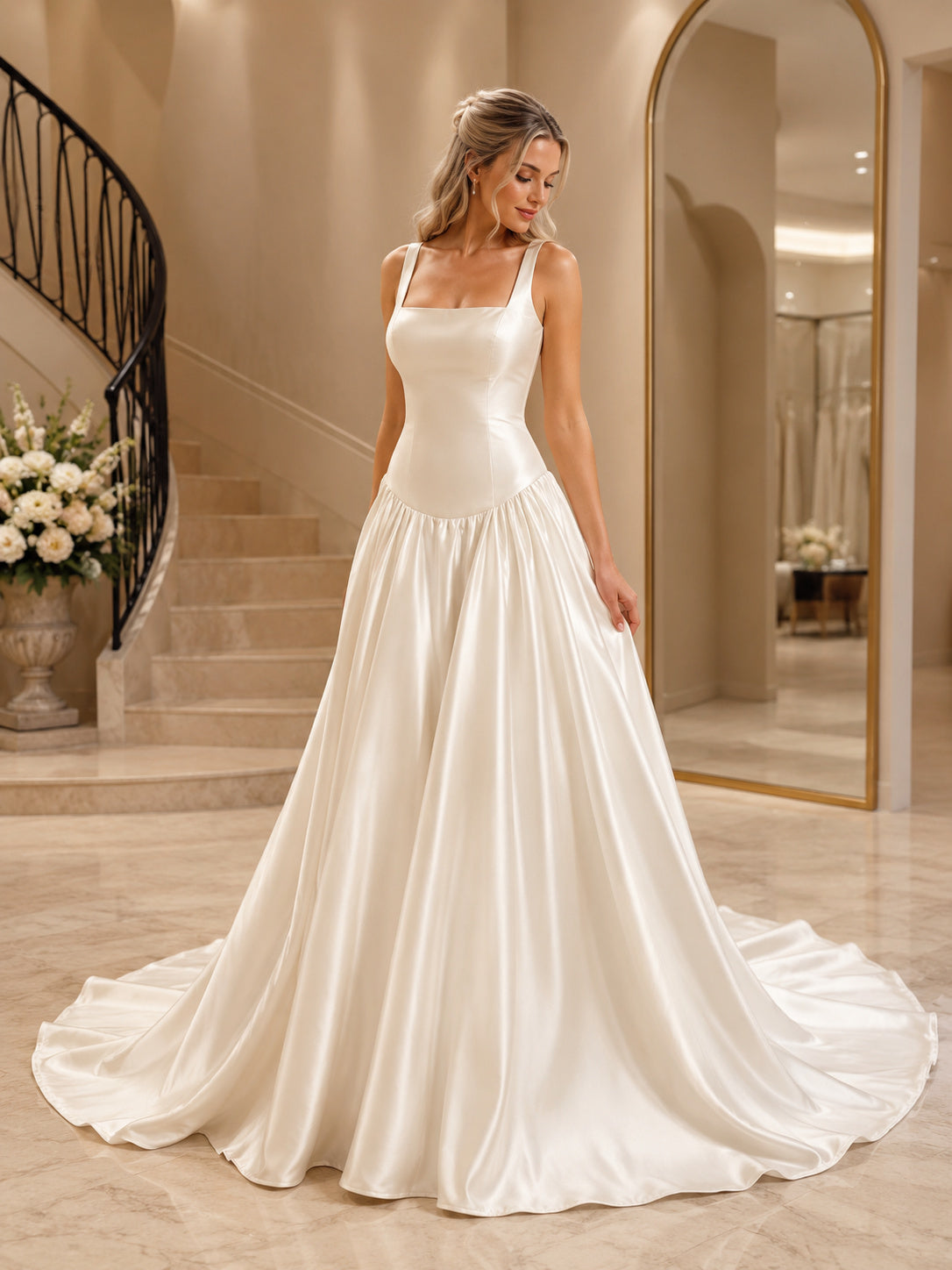 Square Neck Drop Waist Satin Chapel Bridal Gown front view