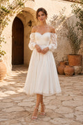 Ivory Off Shoulder Detachable Puff Sleeve Tulle Tea Length Dress for Wedding Reception and Party front view