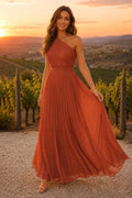 Papaya One Shoulder Pleated Tulle A-Line Formal Dress front view