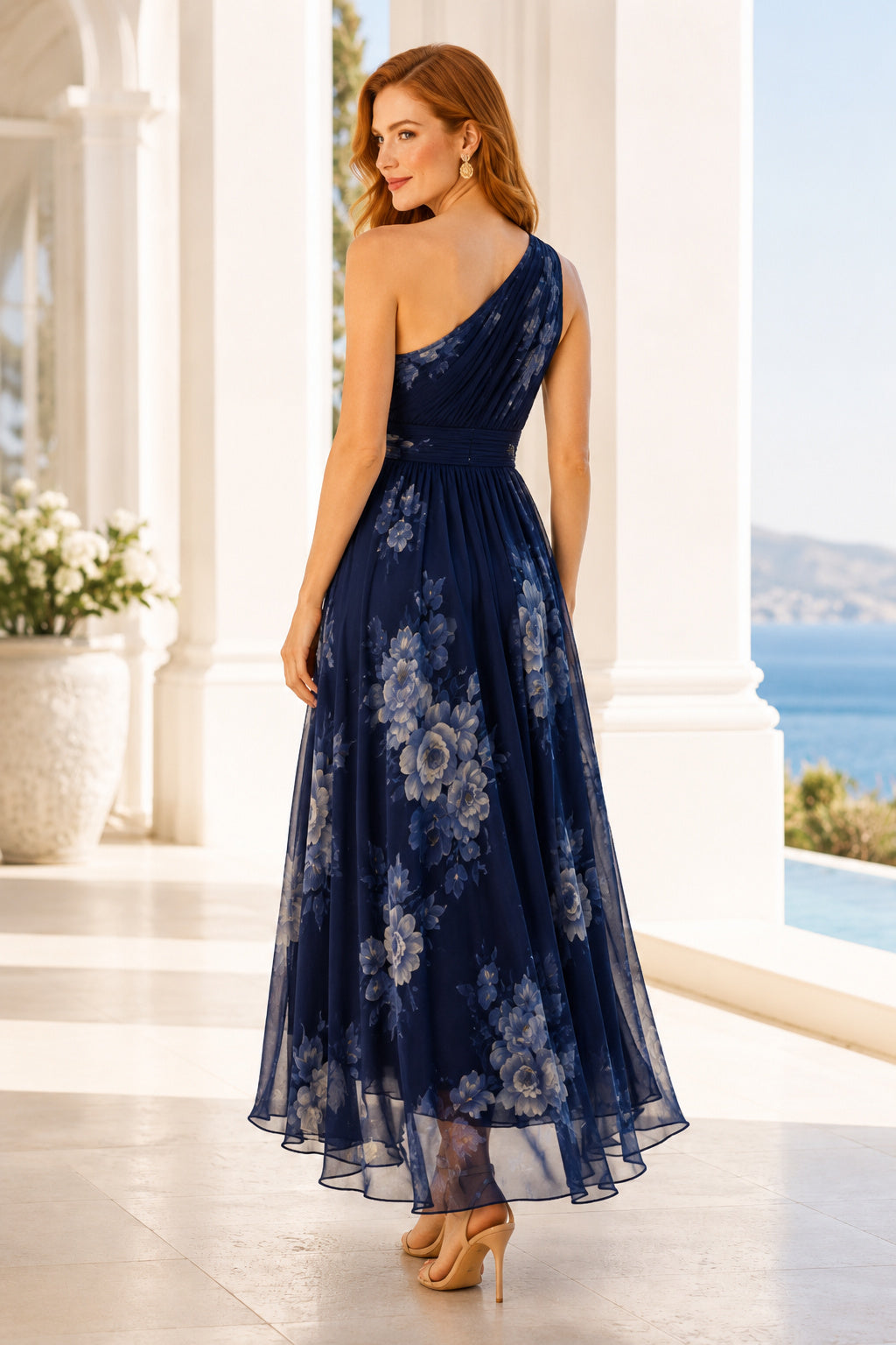 Sky Blue One Shoulder Wedding Guest Sheath Dress back view