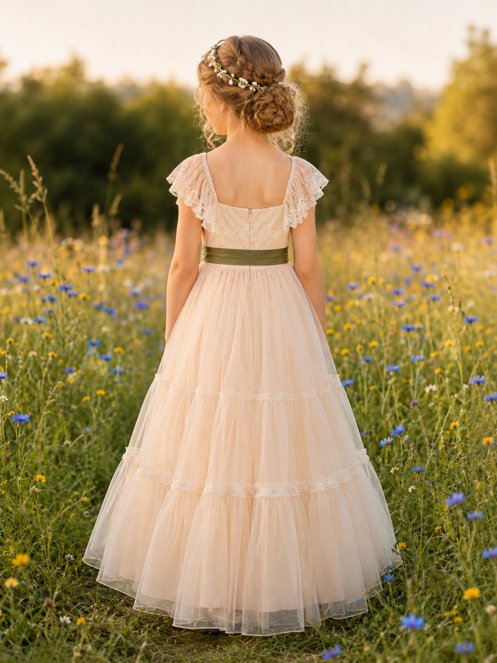 Champagne Tiered Tulle A-Line Flower Girl Dress with Scoop Neck, Cap Sleeves, and Tea-length Skirt back view