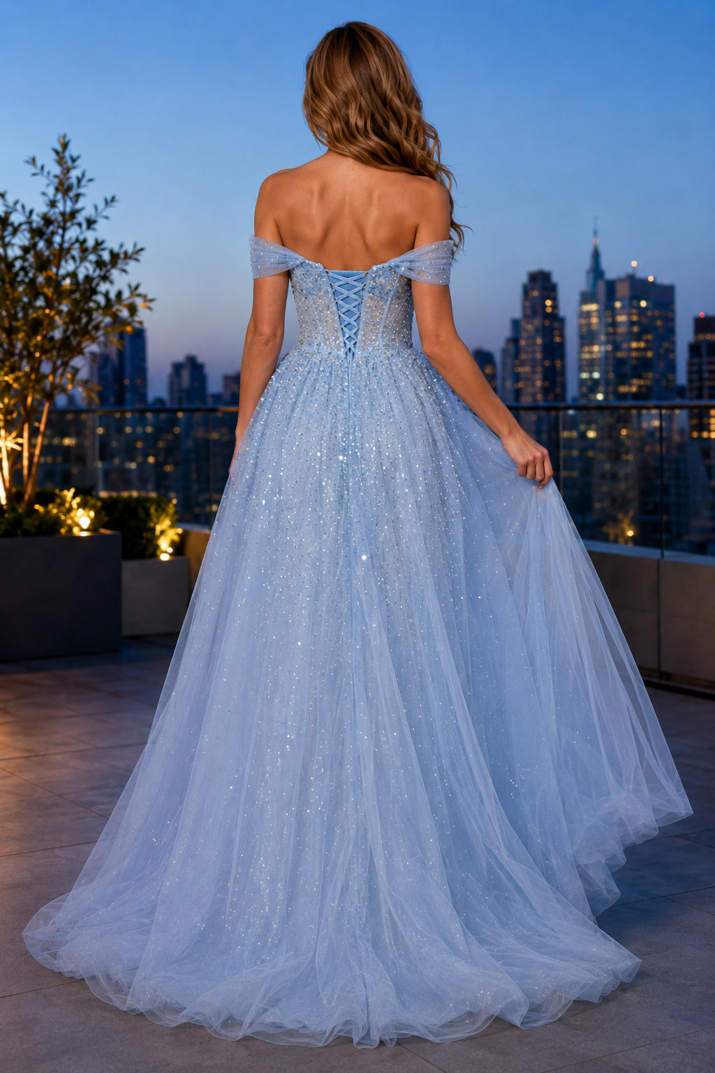 Sky Blue Off the Shoulder Sky Blue Tulle A Line Gown with Sparkle Bodice Floor Length And Sweep/Brush Train A Line Prom Dress