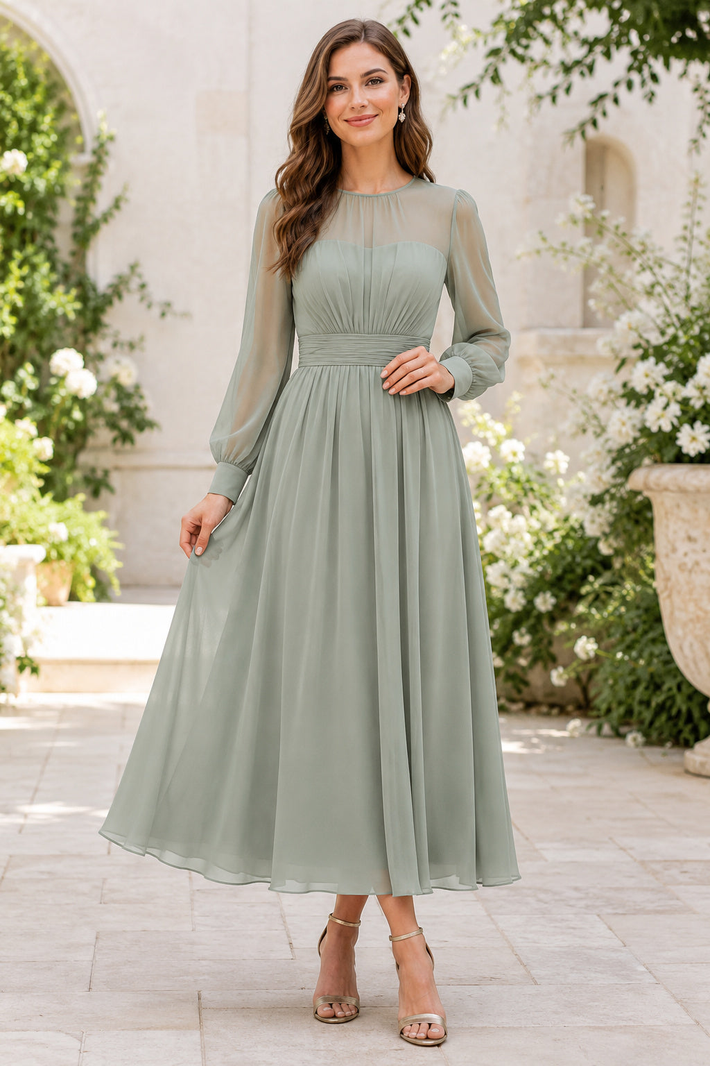 Dusty Rose Modest Wedding Guest Sheath Dress front view
