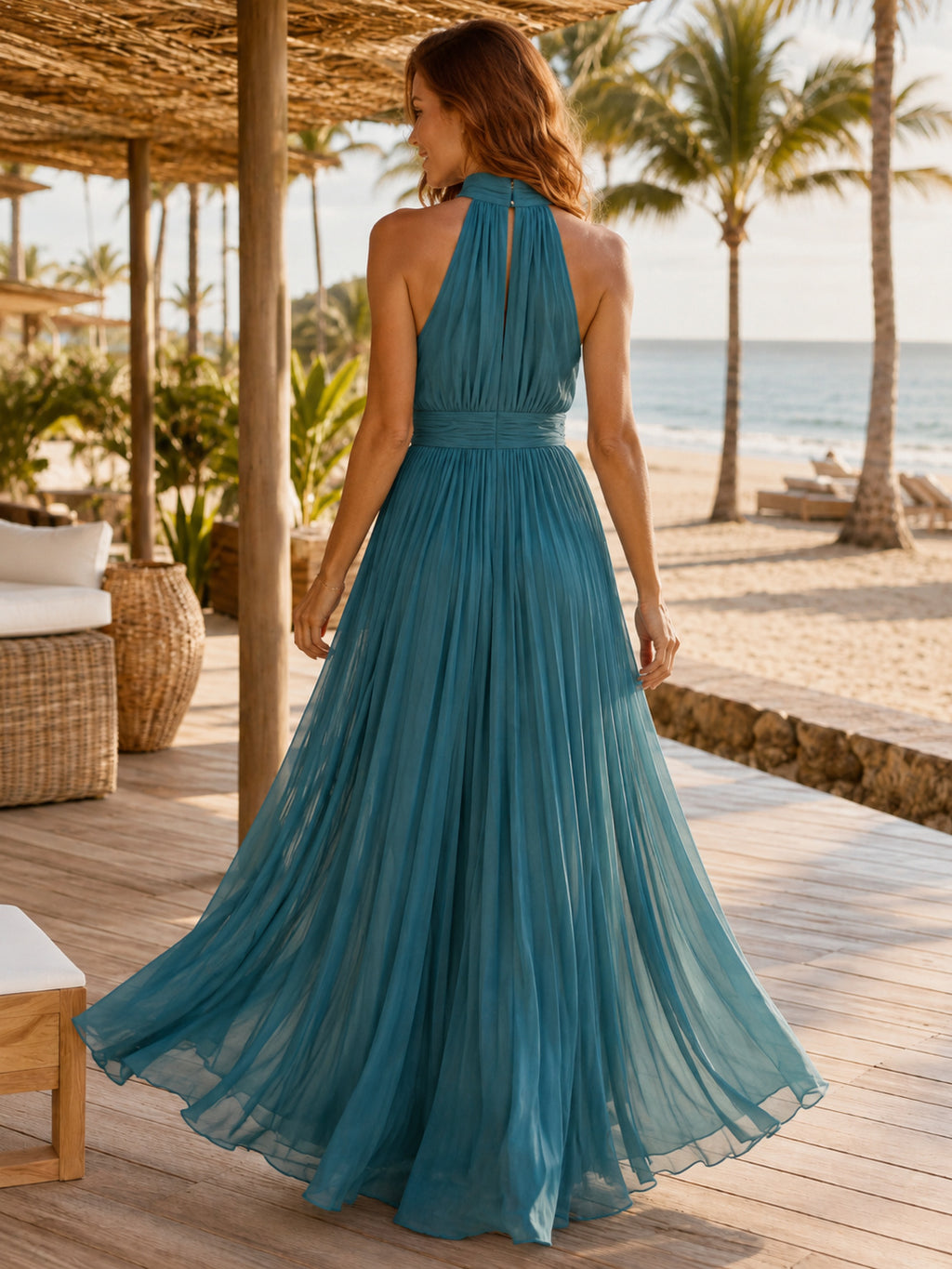 Peacock High Halter Chiffon Split Floor Length Guest Dress back view