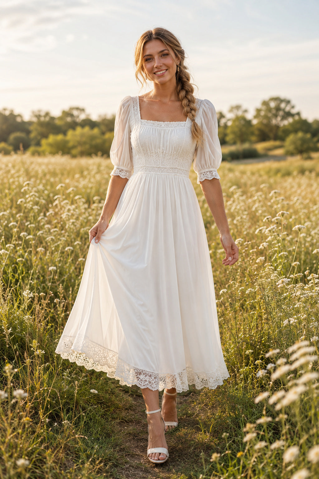 Ivory Square Neck Puff Sleeve Chiffon Lace Tea-Length Wedding Dress with Puff Sleeves and Soft Chiffon Skirt front view