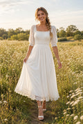 Ivory Square Neck Puff Sleeve Chiffon Lace Tea-Length Wedding Dress with Puff Sleeves and Soft Chiffon Skirt front view