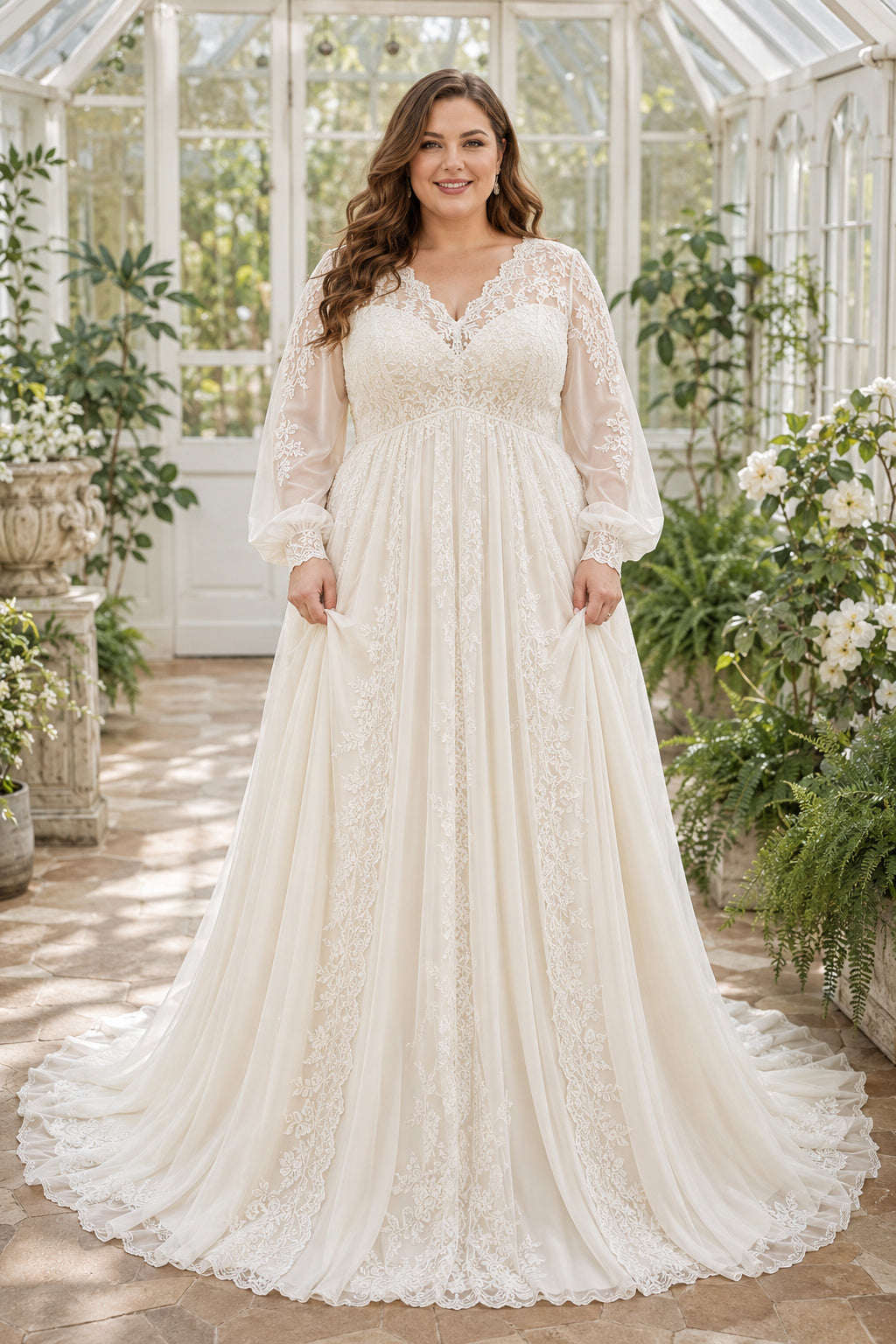 Plus Size Ivory V-Neck Bishop Sleeve Lace Tulle A-Line Wedding Dress with Bishop Sleeves and Soft Tulle Chapel Train front vi
