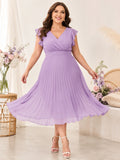 Lavender Plus Size Maternity V-Neck Flutter Sleeve Pleated Chiffon Tea-Length Dress front view