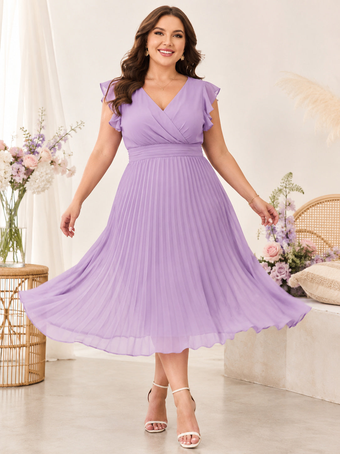 Lavender Plus Size Maternity V-Neck Flutter Sleeve Pleated Chiffon Tea-Length Dress front view