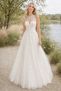 Ivory Illusion High Neck Tulle A-Line Wedding Dress with Floral Lace Bodice front view