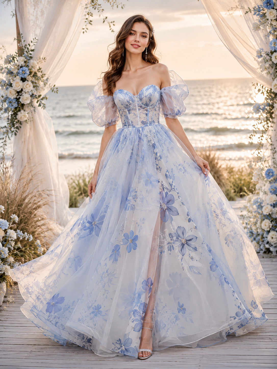 Blue Floral Puff Sleeve Organza Seaside Wedding Gown front view