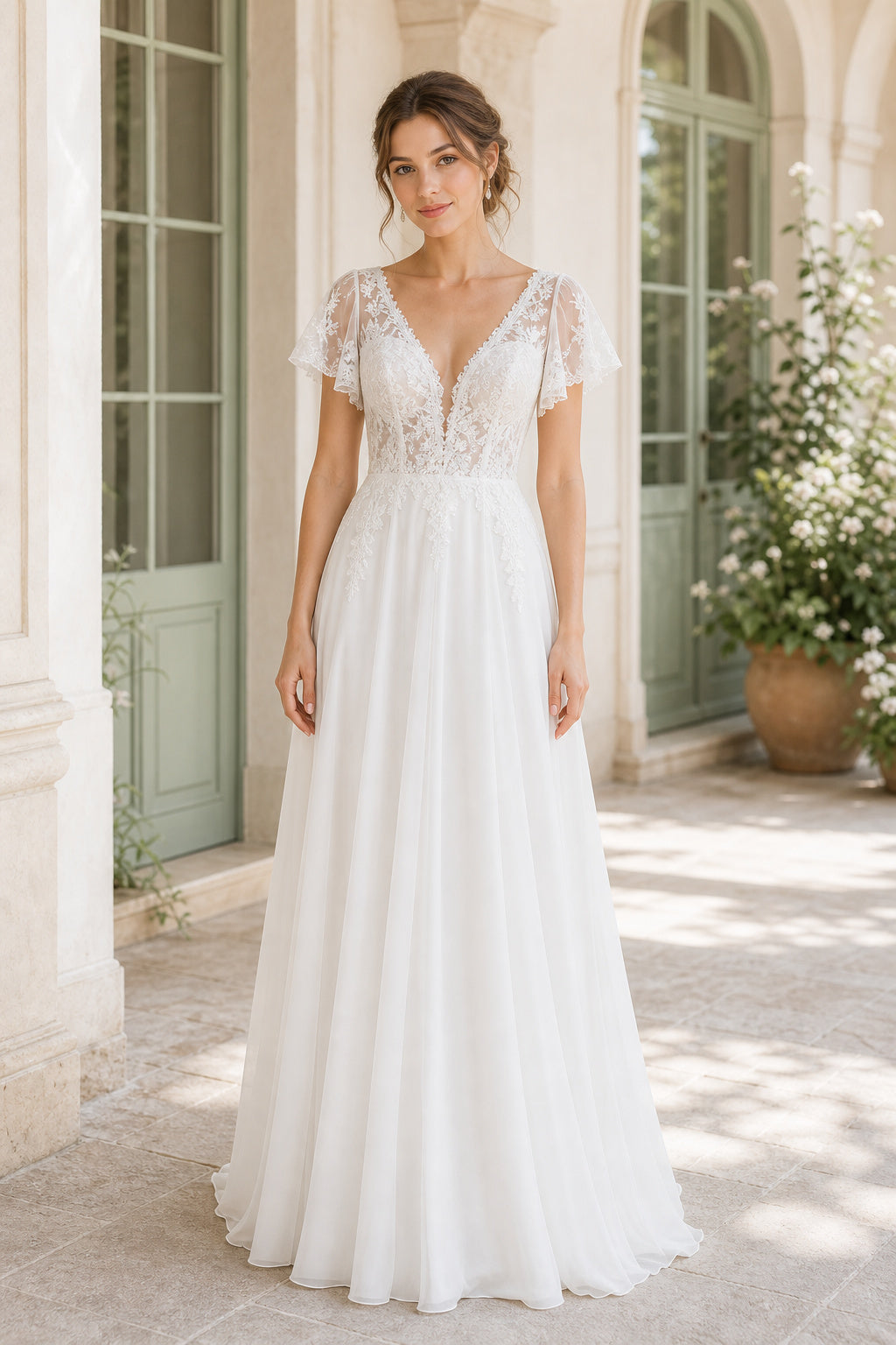 White V-neck Long Sleeves A-Line Satin Floor-length Wedding Dress With Open Back and Lace Bodice Lace Hem Detail