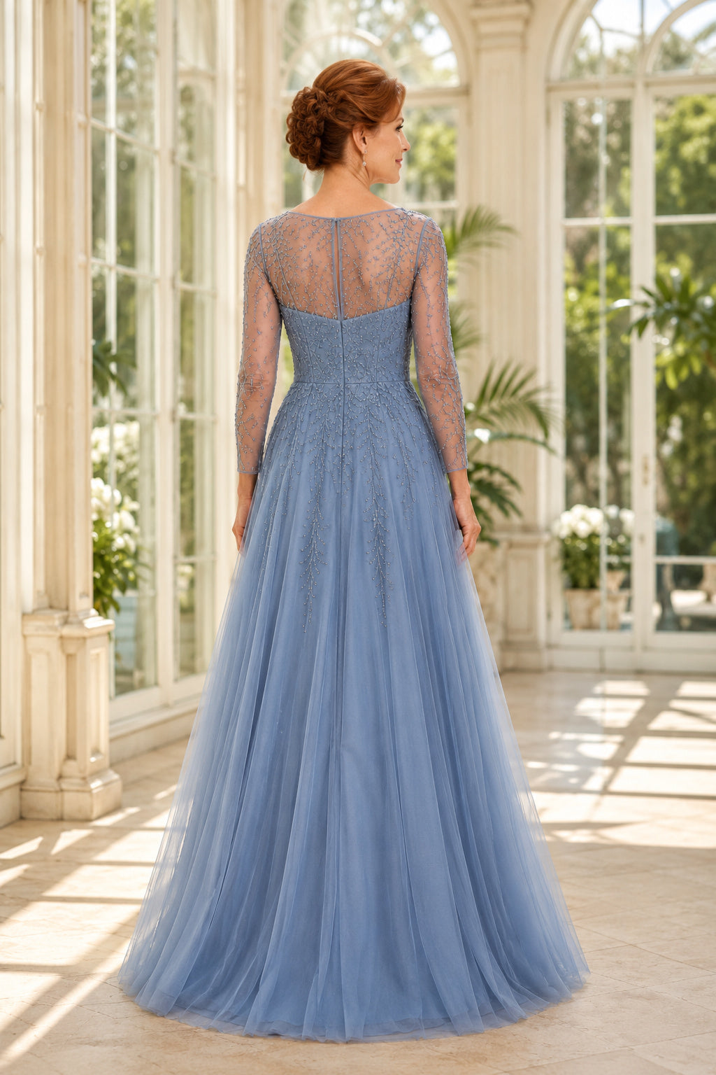 Steel Blue Bateau A-Line Mother Dress with Illusion Lace Bodice and Tulle Skirt for Evening Reception back view