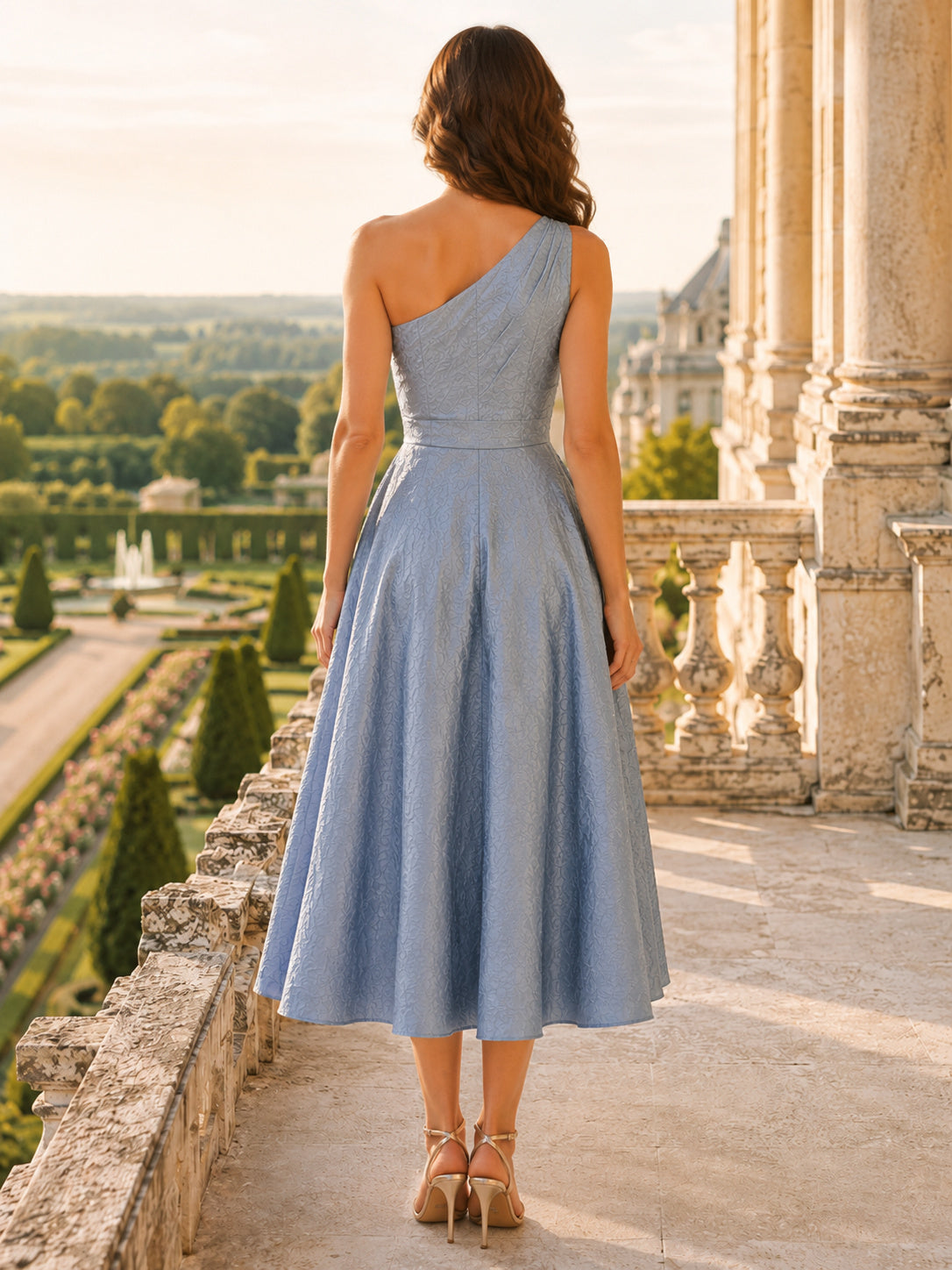 Steel Blue One Shoulder Floral Jacquard A Line Tea Formal Guest Dress back view