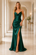 Dark Green Cowl Neck Satin Sheath Formal Dress with Spaghetti Straps and Side Split Style MG_300944 front view