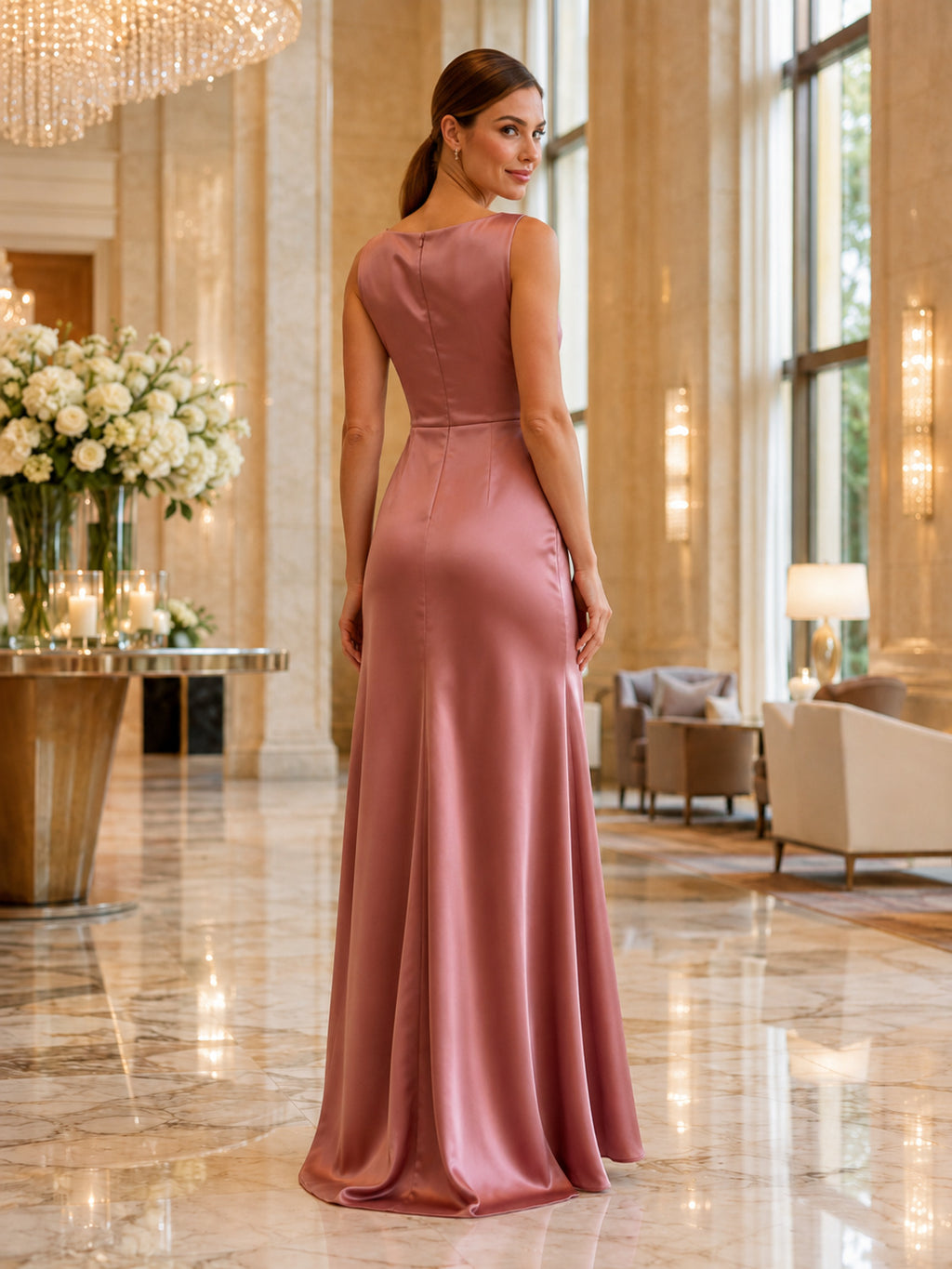 Dusty Rose Cowl Neck Satin Sheath Gown back view