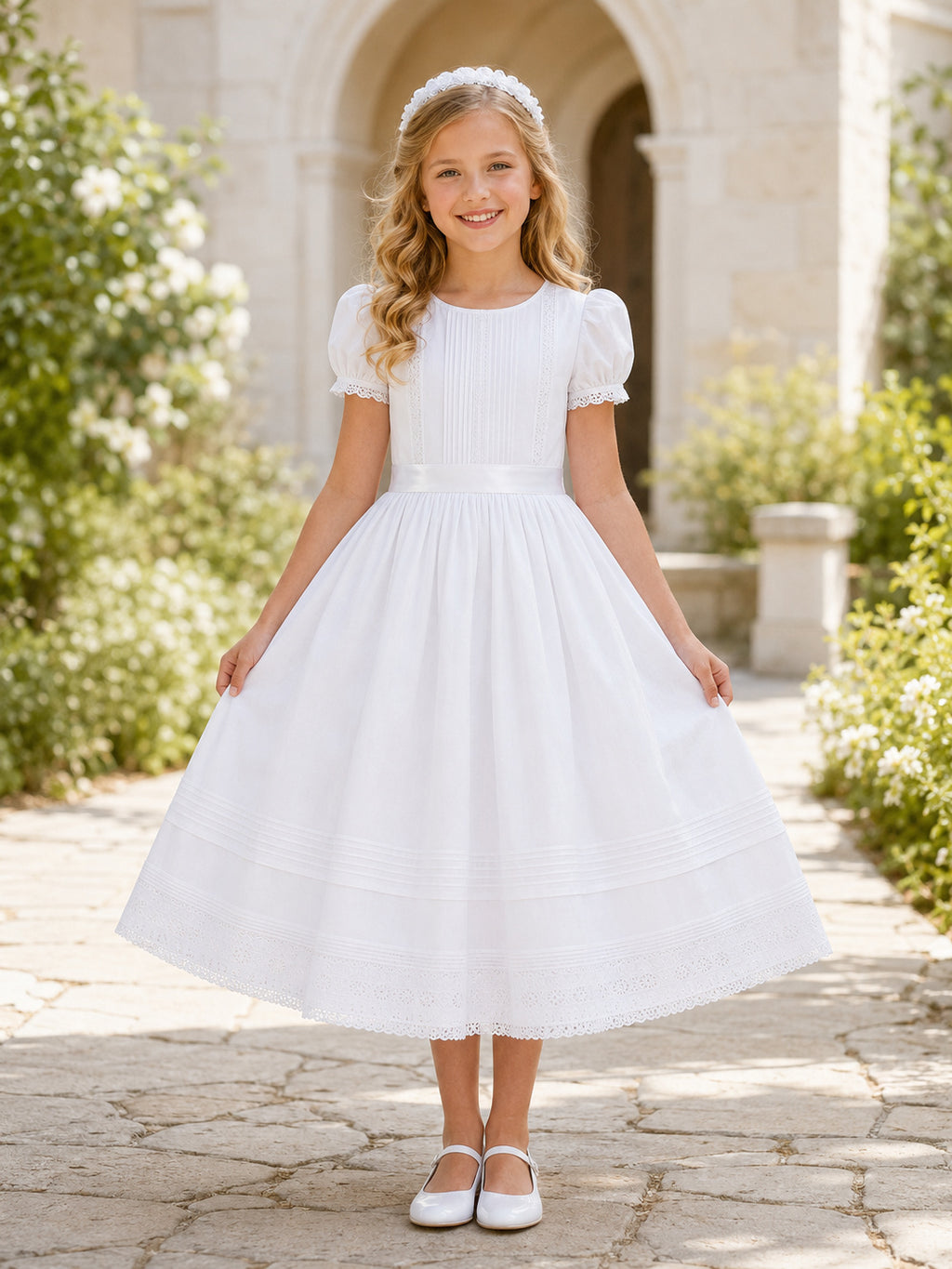 Summer Jewel Neck Puff Sleeve Cotton Tea Length First Communion Dress front view