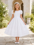 Summer Jewel Neck Puff Sleeve Cotton Tea Length First Communion Dress front view