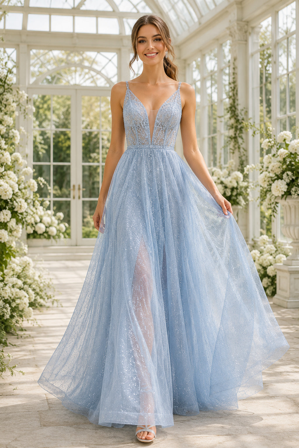 Sky Blue Spaghetti Strap Glitter Tulle A Line Gown with Side Slit Floor Length And Sweep/Brush Train A Line Prom Dress front