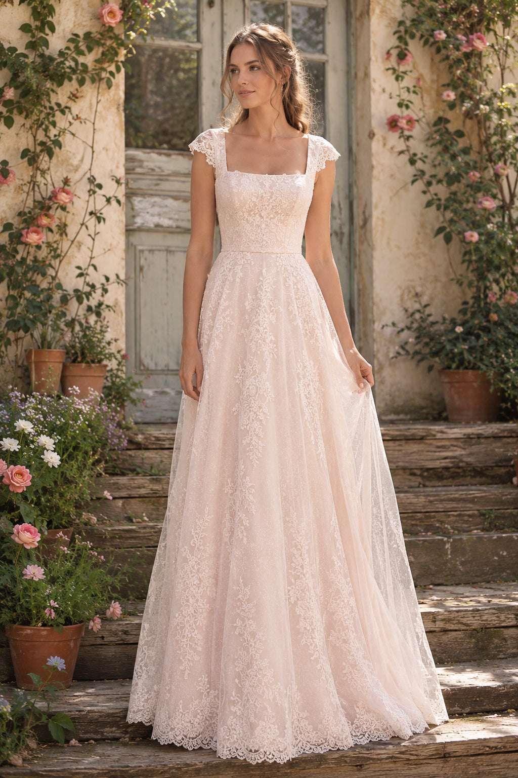 Blushing Pink Cap Sleeve Square Neck A-Line Wedding Dress with Lace Tulle Skirt front view
