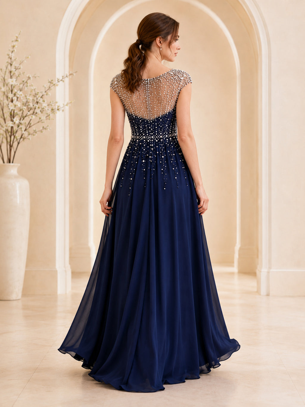 Dark Navy Cap Sleeve Pearl A-Line Formal Dress back view