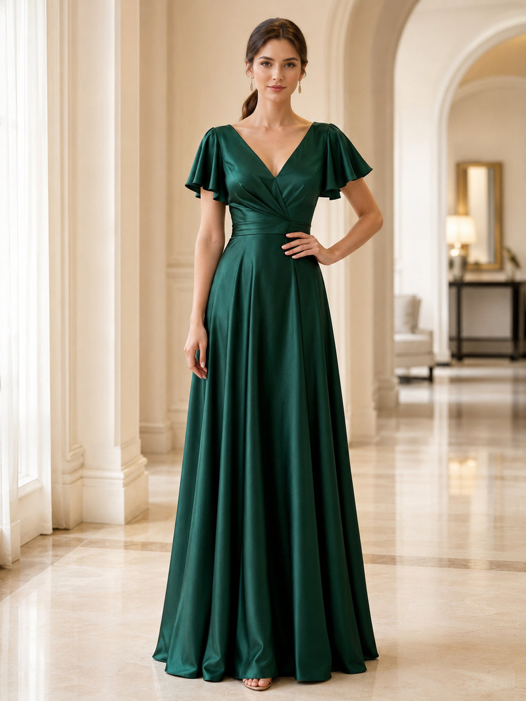 Dark Green Flutter Sleeve Satin Formal Gown front view