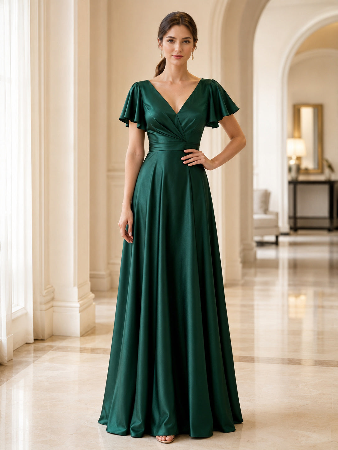 Dark Green Flutter Sleeve Satin Formal Gown front view