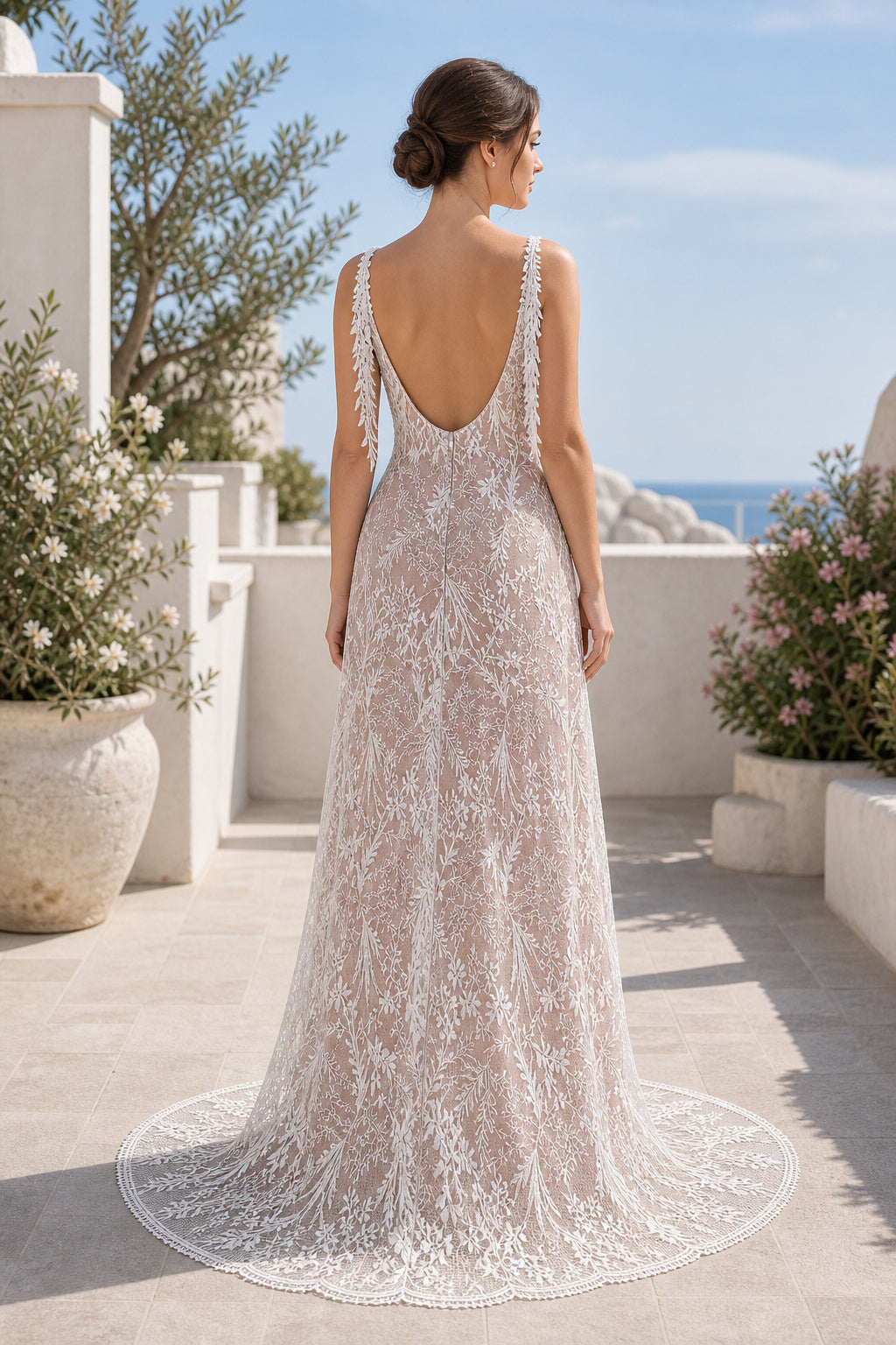 Blush V-neck Sheath Lace Floor-length Formal Dress With Lace and Train and Open Back