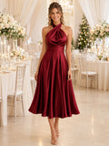 Burgundy Cross Halter Draped Satin A Line Tea Guest Dress front view