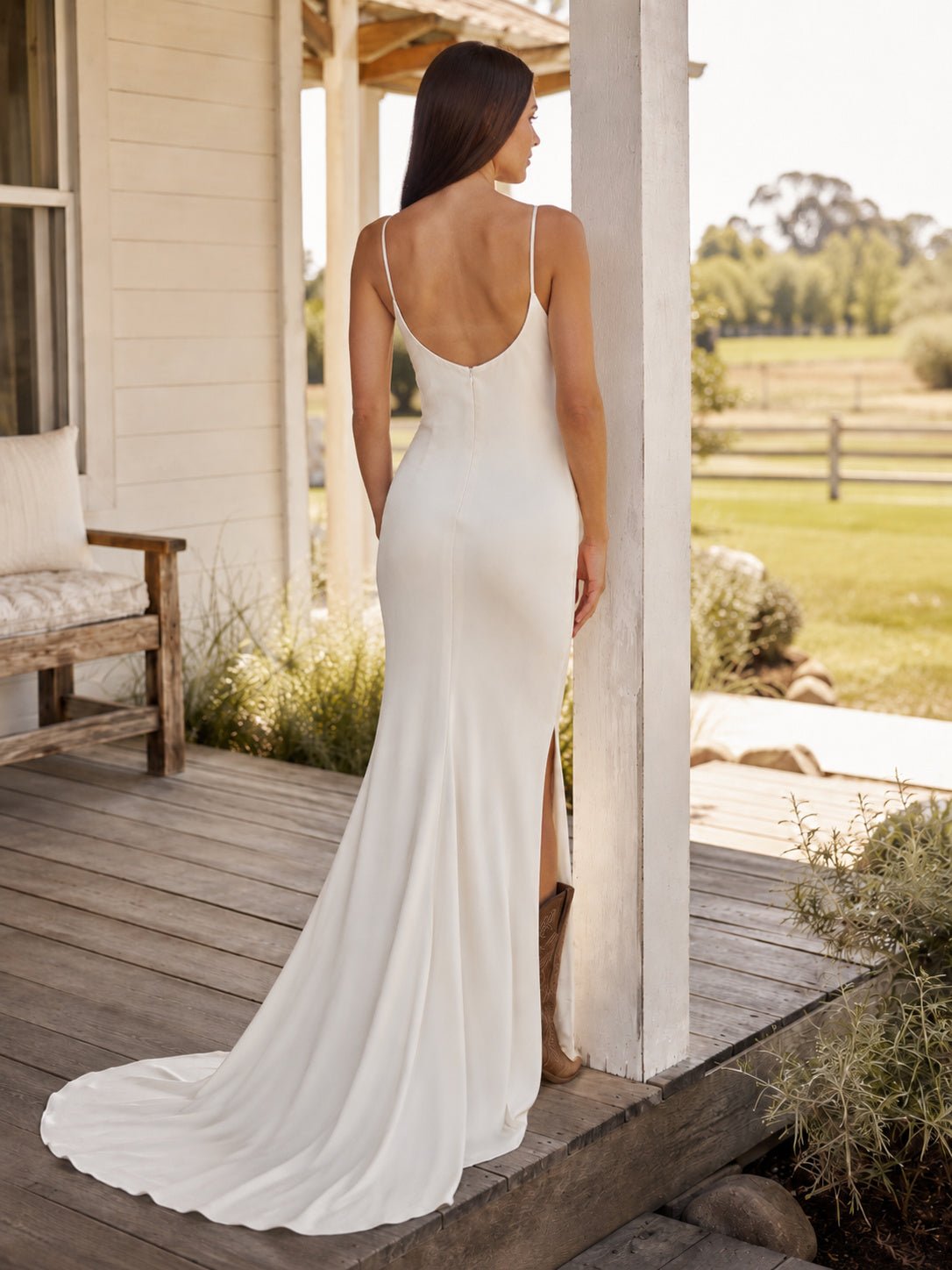 Maternity Wedding Dress Spaghetti Strap Off-the-Shoulder Simple A-Line Garden Bridal Gown back view