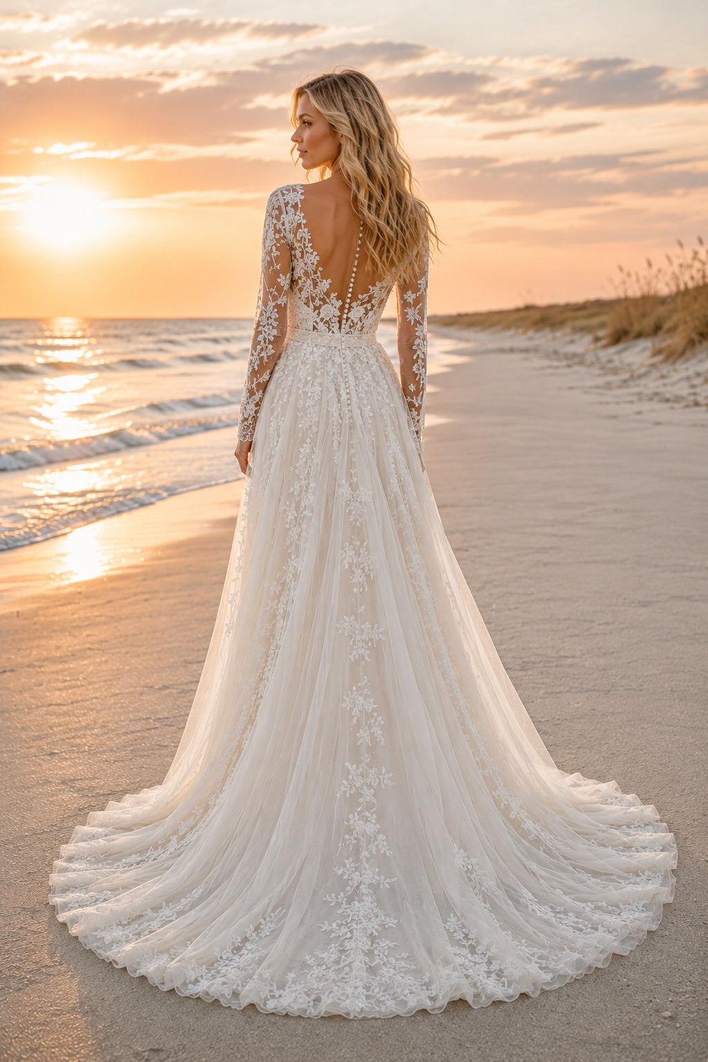 Ivory Long Sleeve V-Neck Lace Tulle A-Line Wedding Dress Chapel Train for Bridal Ceremony and Reception back view
