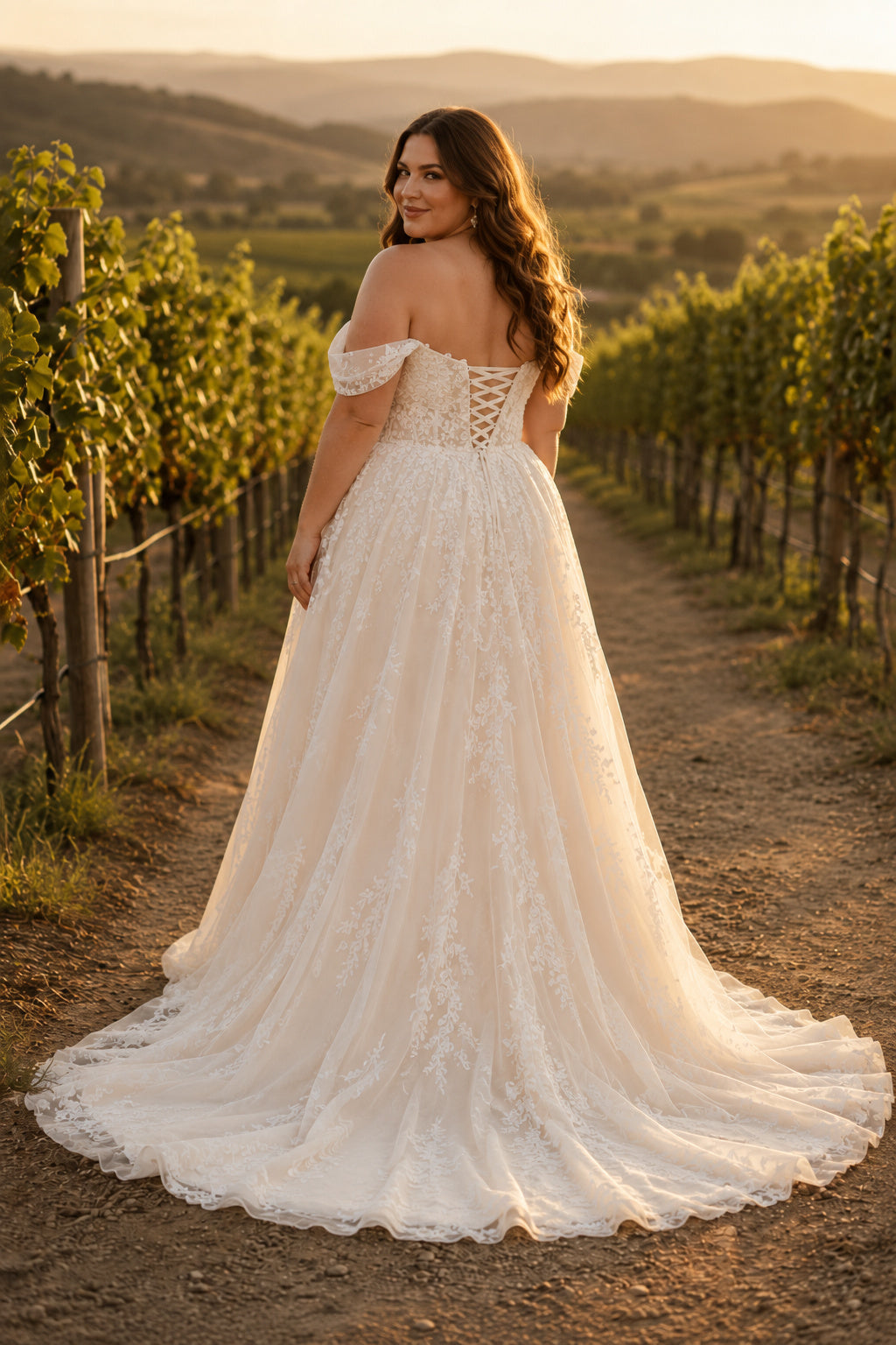 Plus Size Ivory Off-the-Shoulder Sweetheart Flutter Sleeve Lace Tulle A-Line Wedding Dress with Corset Back and Chapel Train