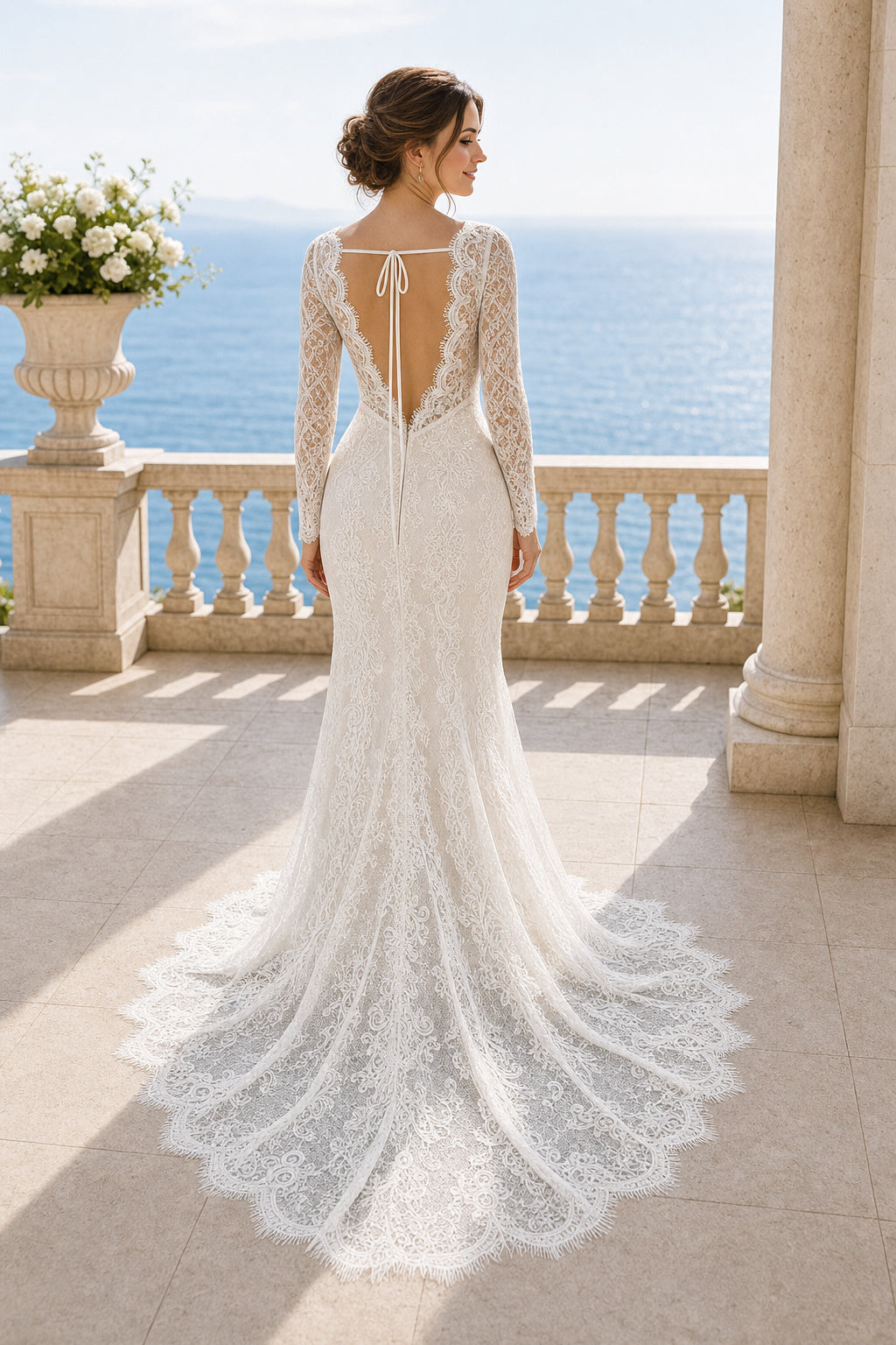 White Scoop Short Sleeves A-Line Chiffon Floor-length Wedding Dress With Front Slit and Beaded Waist and Open Back Lace Hem Detail