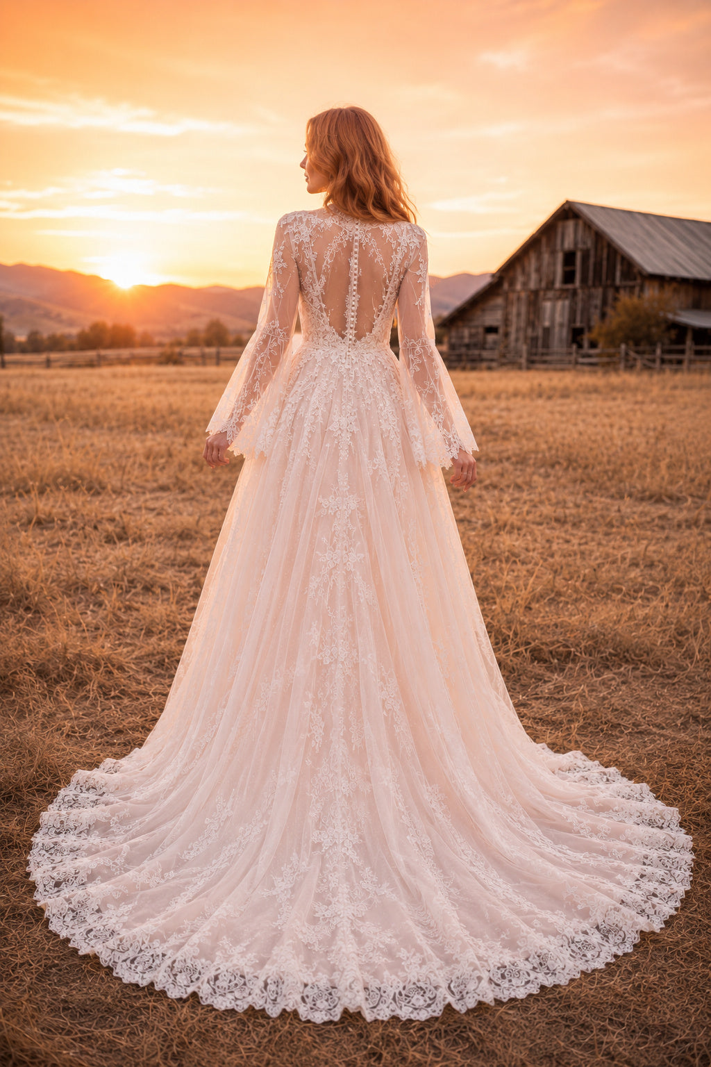 Blushing Pink Long Sleeve A-Line Wedding Dress with Lace Appliques and Chapel Train back view
