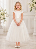 Cap Sleeve Tulle Pearl Belt Communion Flowergirl Ankle Length Dress front view