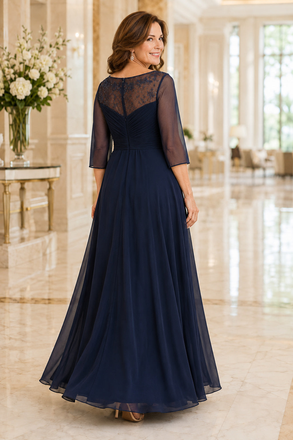 Dark Navy Chiffon A-Line Mother Dress with Illusion Lace Bodice and Three Quarter Sleeves back view