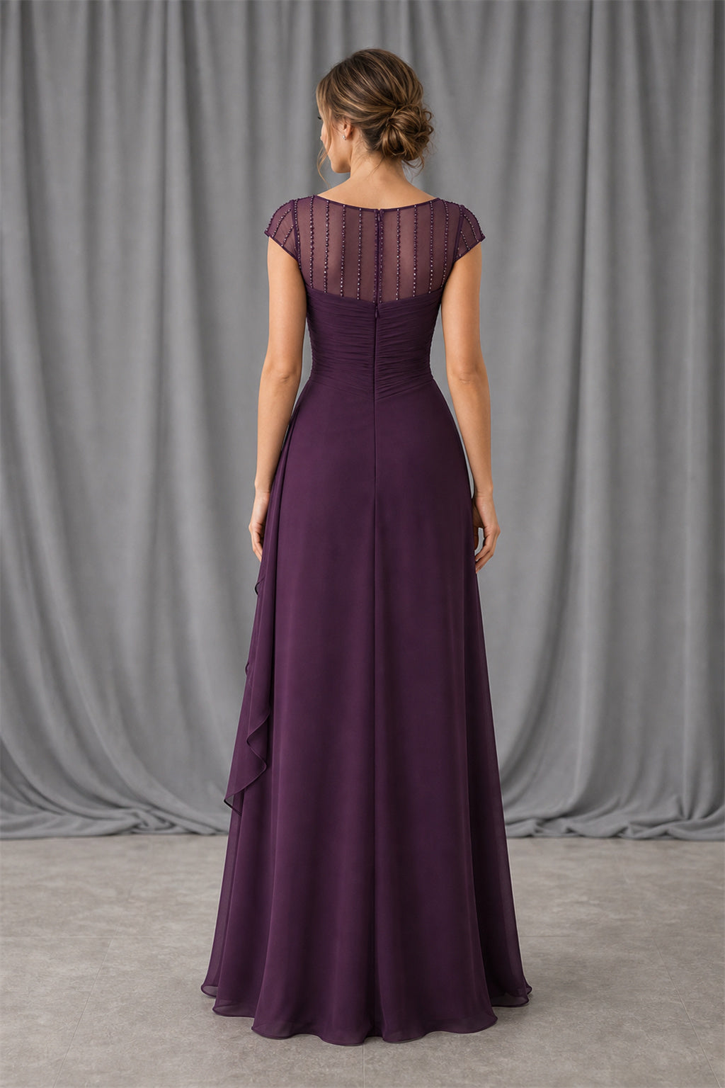 Plum Illusion Cap Sleeve A-Line Chiffon Floor-Length Dress With Ruffle Front