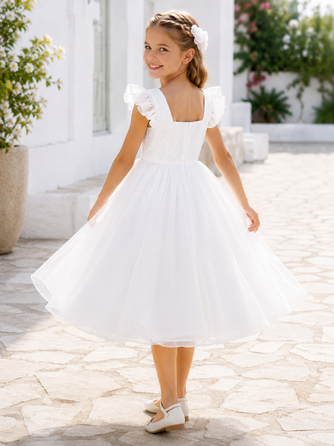 Sweet Flower Girl A-Line Tulle Square Neck Flutter Sleeve Ruffle Layered Tea-Length Party Dress back view