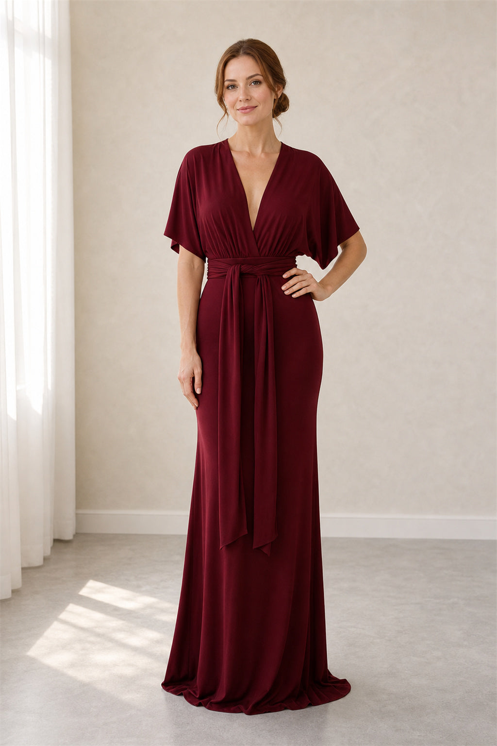V-neck Flutter Sleeve Sheath Jersey Floor-Length Dress With Criss-Cross Back