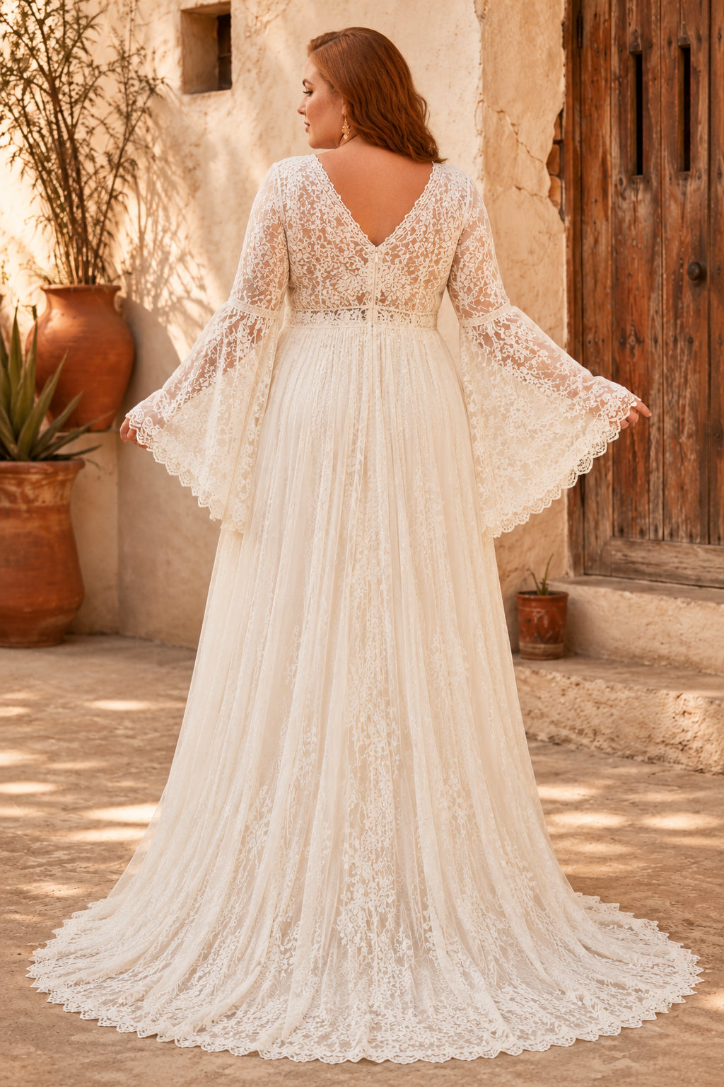 Plus Size Ivory V-Neck Bell Sleeve Lace Tulle A-Line Wedding Dress with Bell Sleeves and Split Front Skirt back view