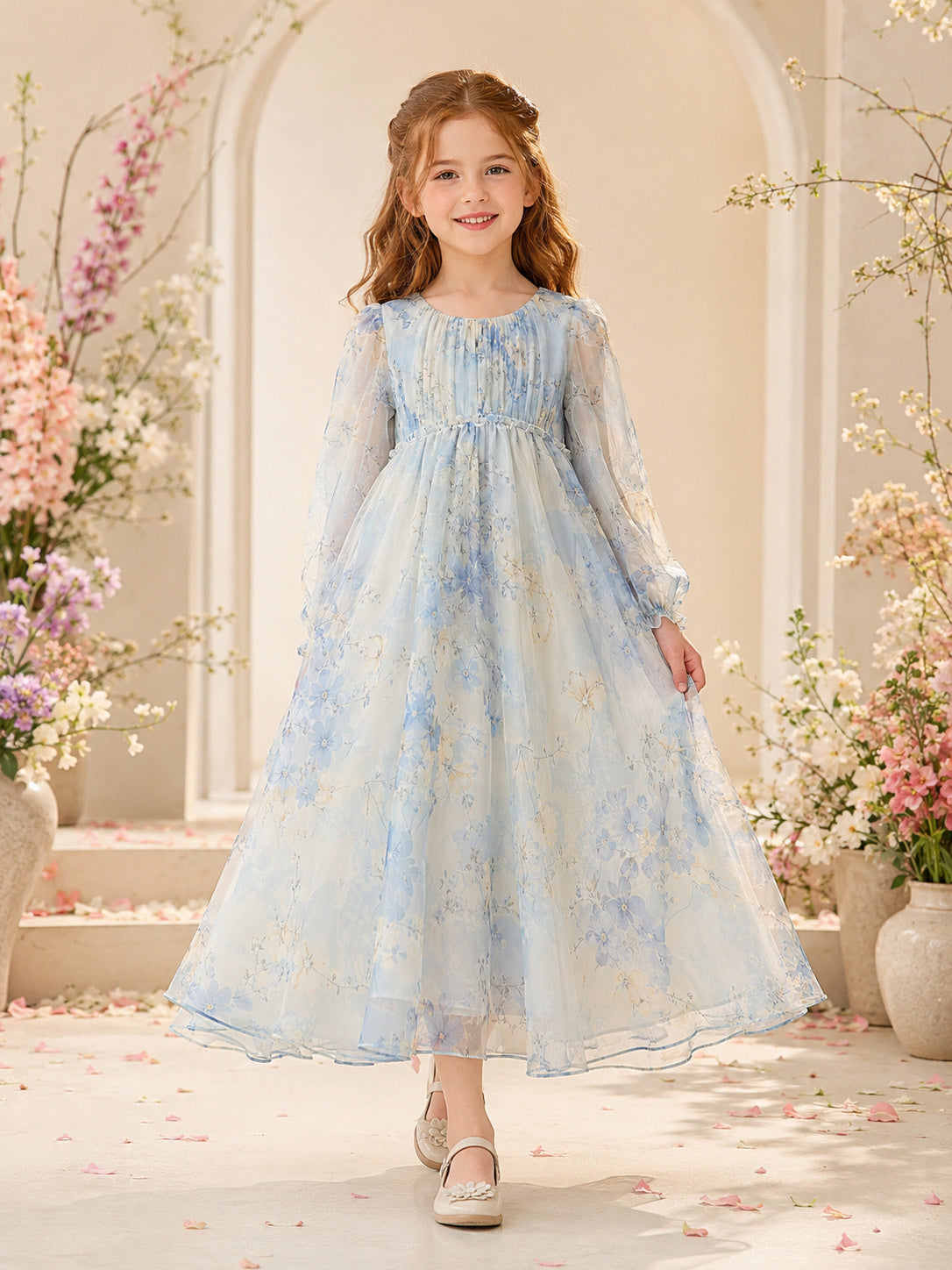 Sky Blue Floral Chiffon Long Sleeve Tulle A-Line Tea-Length Garden Flower Girl Dress front view