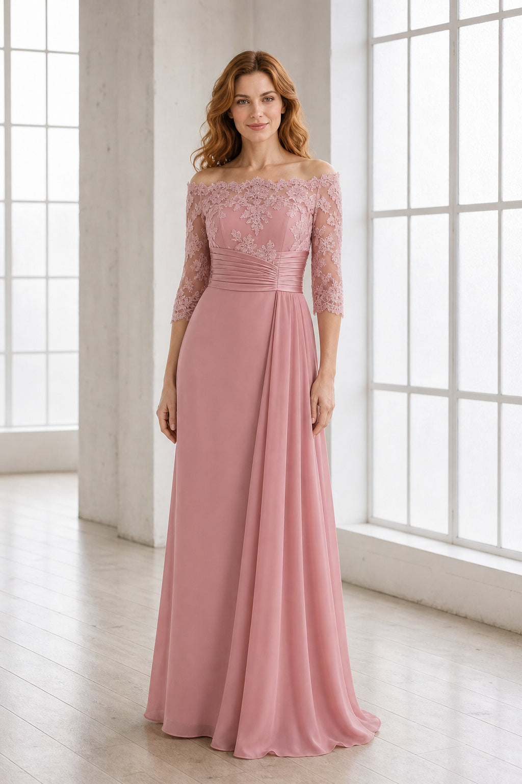 Blush Bateau Three-Quarter Sleeve Sheath Chiffon Floor-Length Dress With Keyhole Back