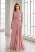 Blush Bateau Three-Quarter Sleeve Sheath Chiffon Floor-Length Dress With Keyhole Back