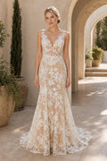 Ivory Bateau Short Sleeves Mermaid Crepe, Lace Floor-length Wedding Dress With Lace and Front Slit and Open Back Lace Hem Detail