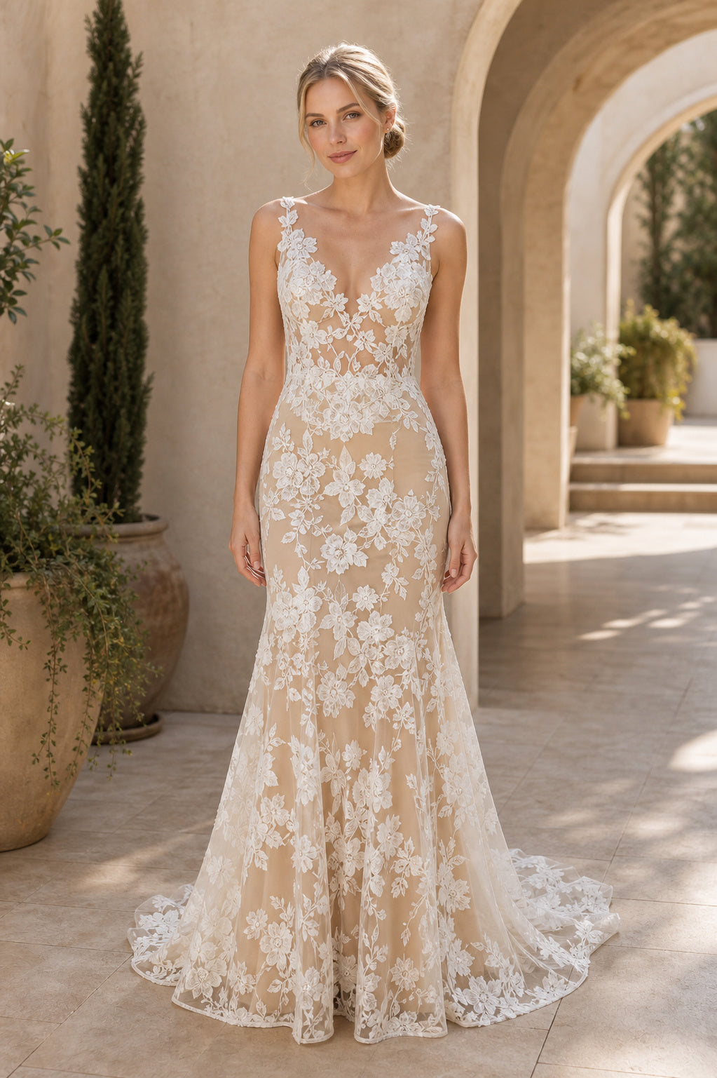 Ivory Bateau Short Sleeves Mermaid Crepe, Lace Floor-length Wedding Dress With Lace and Front Slit and Open Back Lace Hem Detail