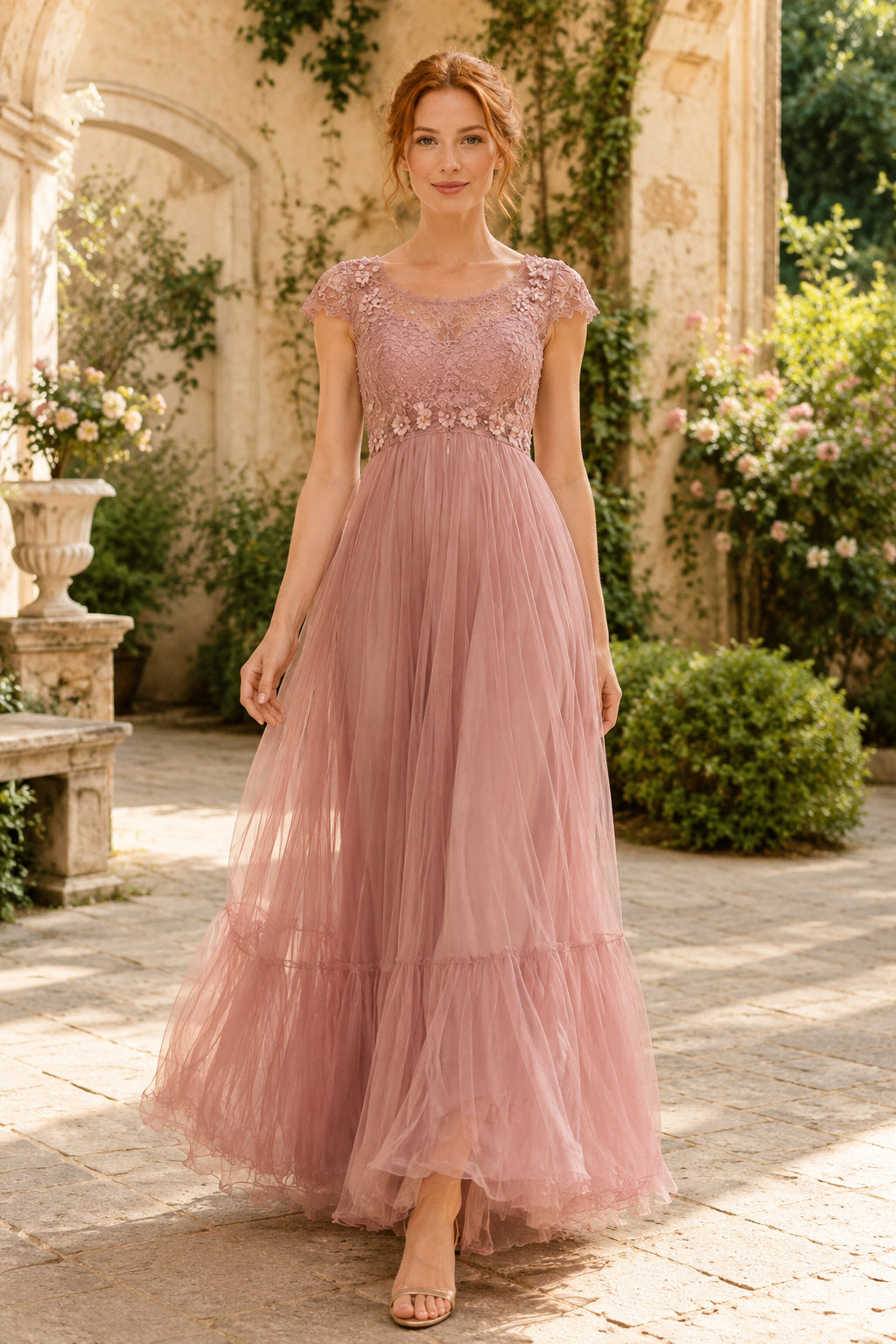 Dusty Rose Illusion Lace Bodice with Soft Tiered Tulle Skirt Floor Length A-Line Prom Dress front view