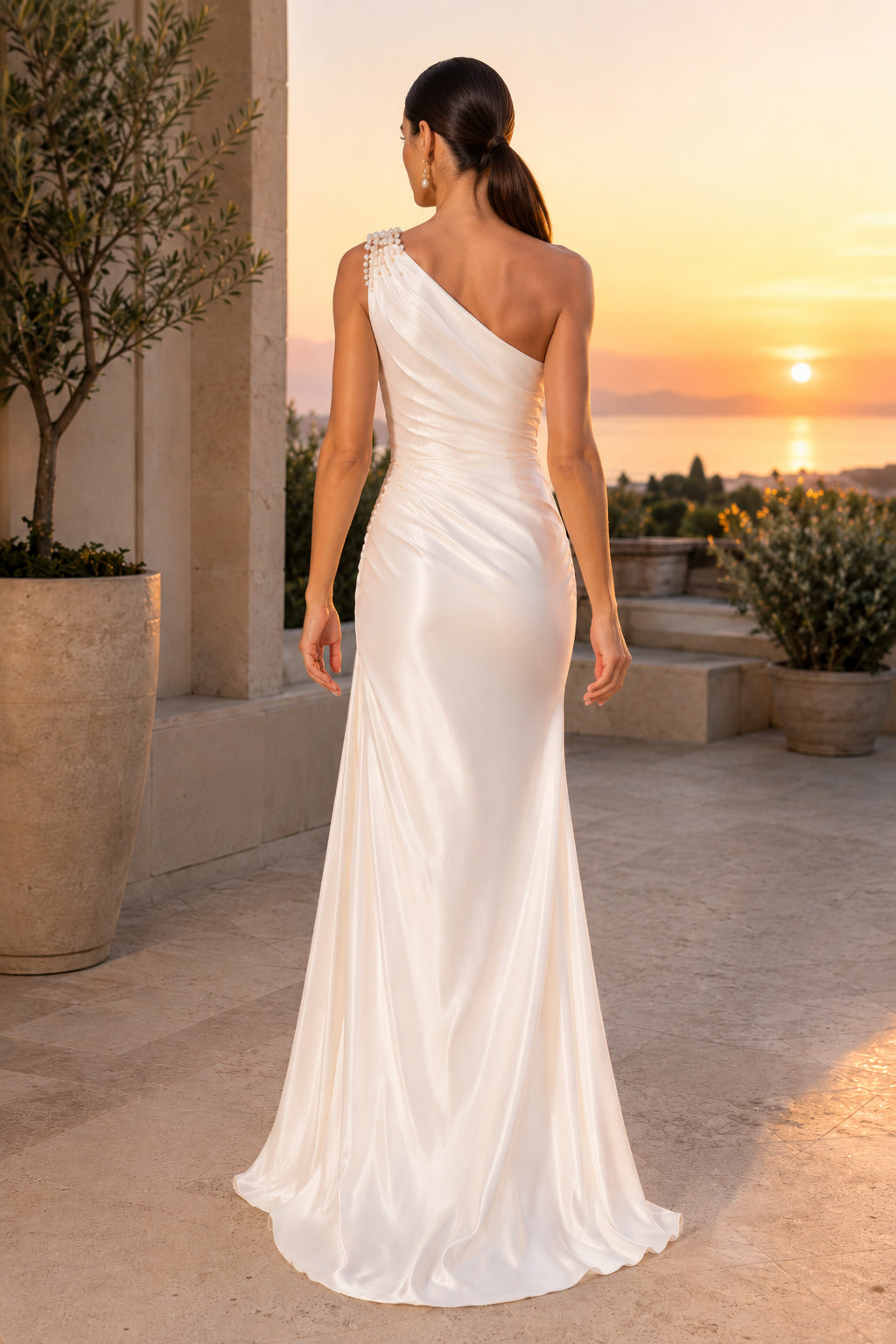 Ivory One-Shoulder Satin Sheath Wedding Dress with Front Slit back view