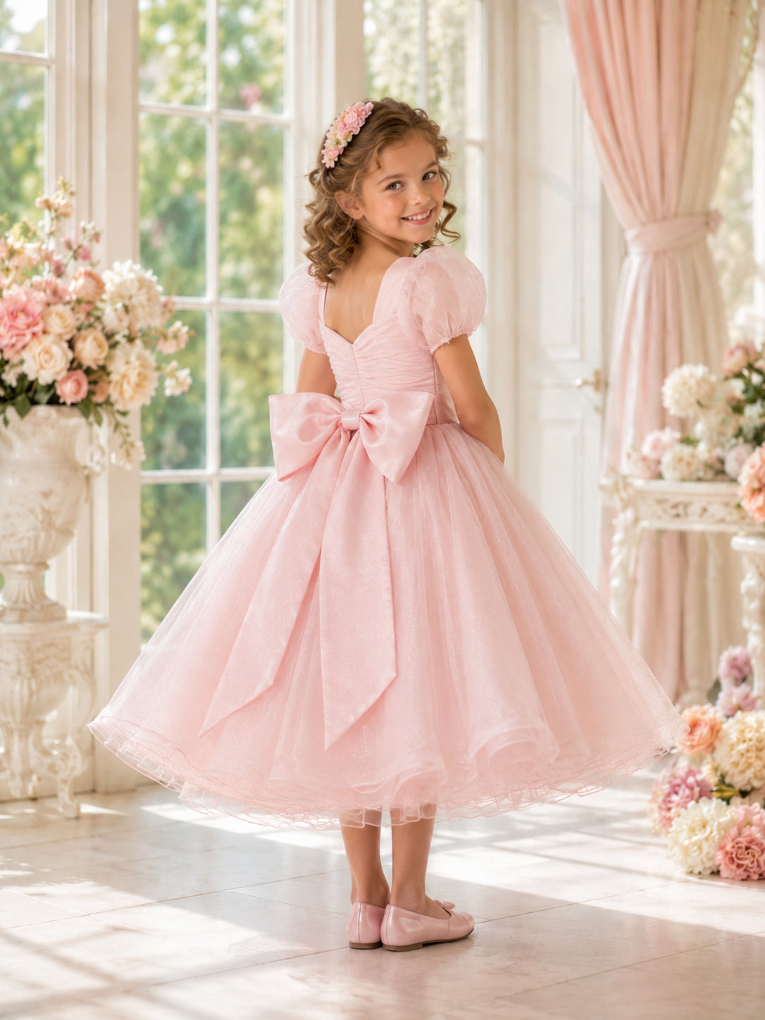 Blush Pink Flower Girl Dress Tea-Length Sparkle Tulle Ball Gown Puff Sleeve Sweetheart Ruched Bow back view